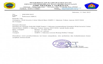 Surat Undangan Calon Murid Baru Tahun Ajaran 2025/2026 SMPN 1 Jakenan
